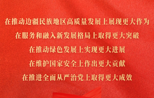 在推動(dòng)邊疆民族地區(qū)高質(zhì)量發(fā)展上展現(xiàn)更大作為，在服務(wù)和融入新發(fā)展格局上取得更大突破，在推動(dòng)綠色發(fā)展上實(shí)現(xiàn)更大進(jìn)展，在維護(hù)國(guó)家安全上作出更大貢獻(xiàn)，在推進(jìn)全面從嚴(yán)治黨上取得更大成效